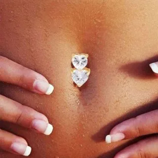 Çift Kalp Taşlı 316L Cerrahi Çelik Kasisli Göbek Ters Piercing