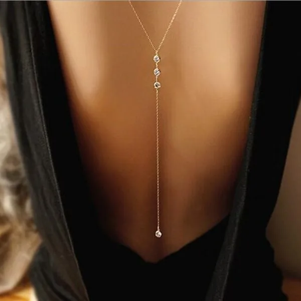 Kristal Rhinestone Sırt Kolyesi 3 Taş Bitişik Altın Sarısı